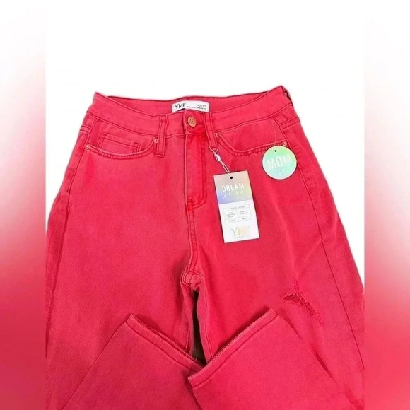 YMI Dream High Rise Mom Fit Ripped Distressed Red Jeans Juniors size 7 New - Picture 3 of 10